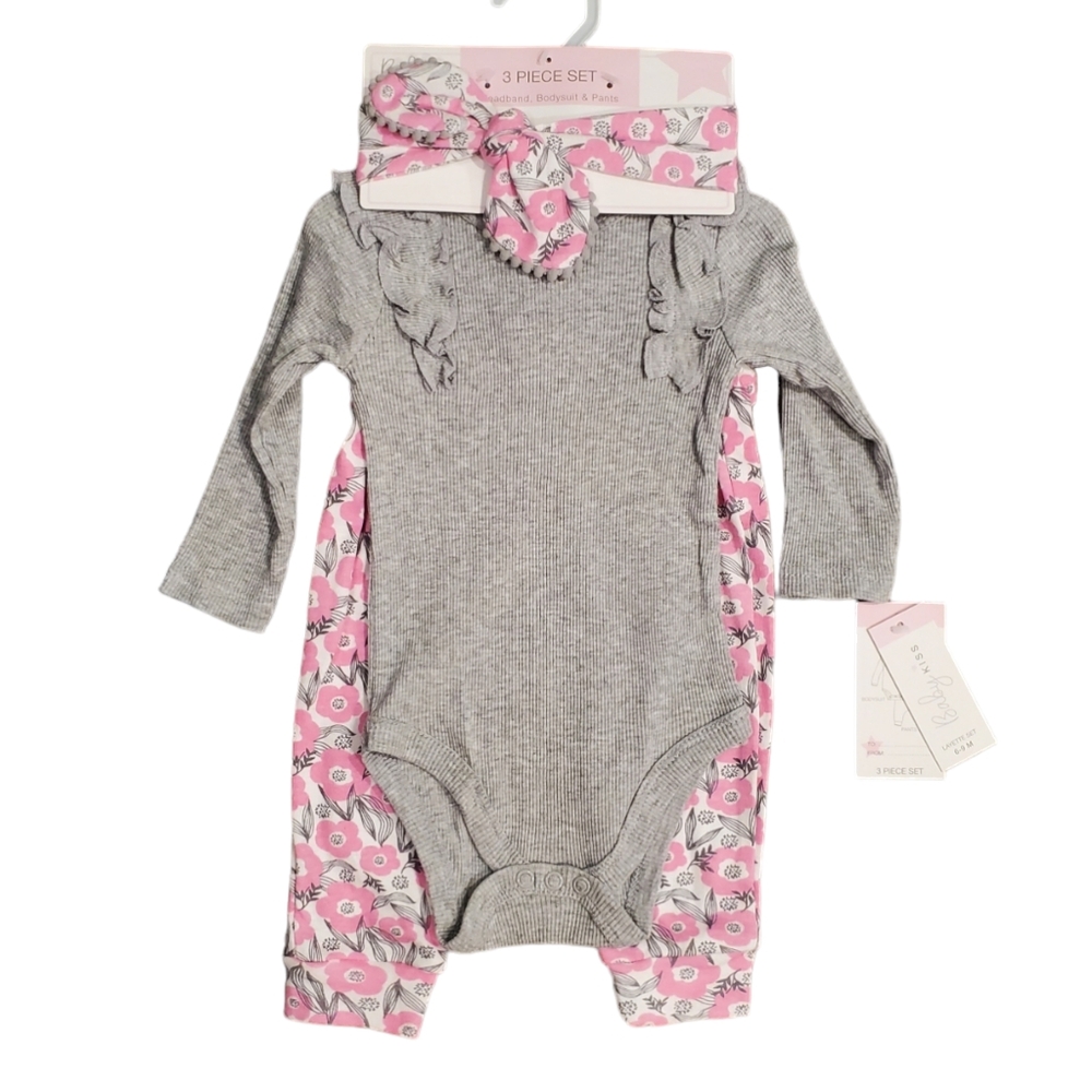 Baby Kiss Baby Gril 6-9 Months Floral Bodysuit Pants Set-3 Pc
